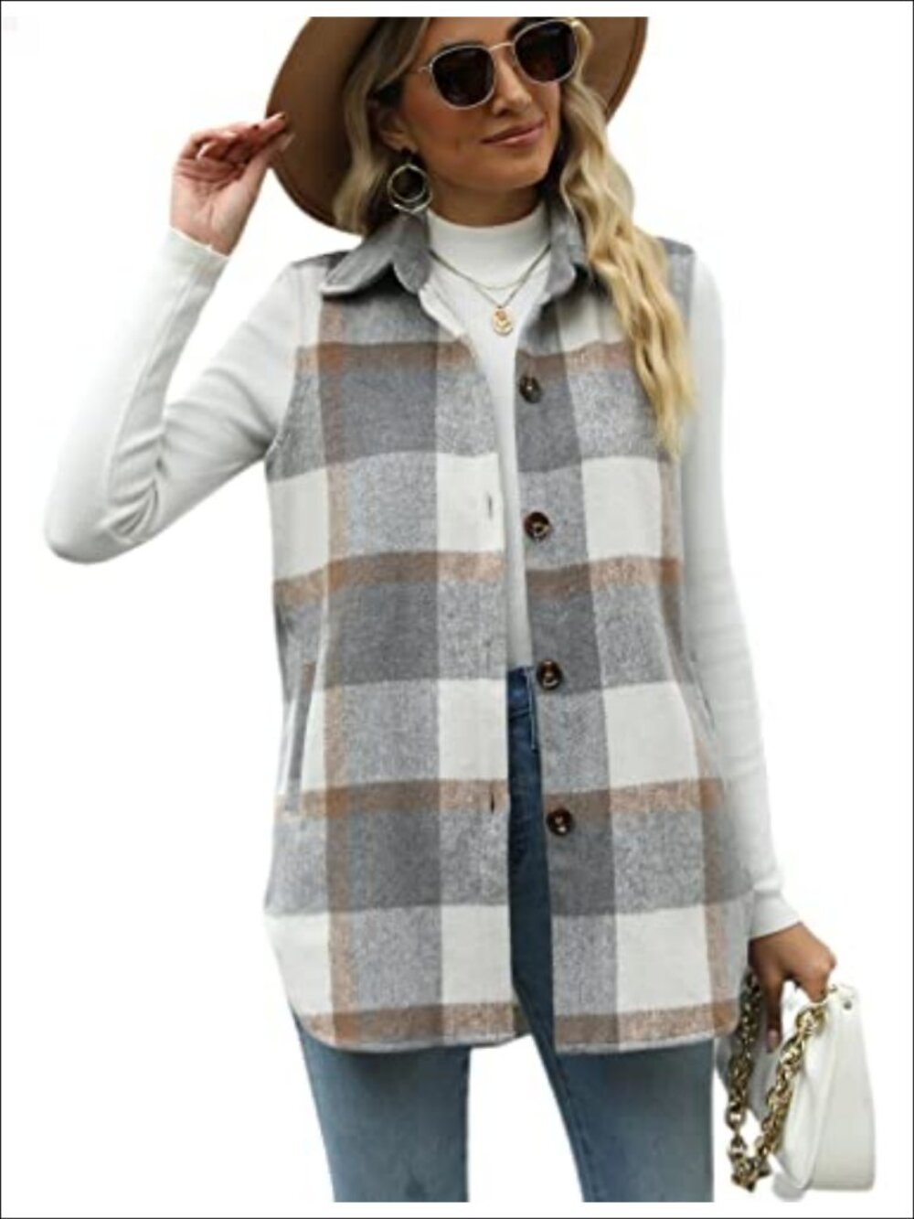 Plaid Flannel Sleeveless Shacket Vest Button Down Layering